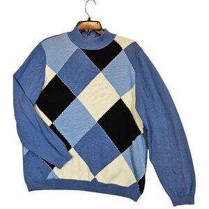 Alfred Dunner retro Argyle sweater womens L blue tight knit career grandmacore